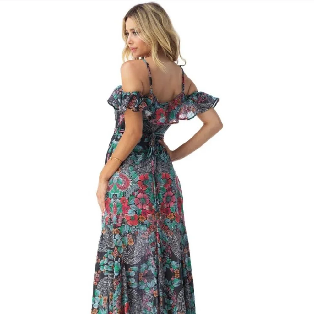 Sky Nesermy Beautiful Floral & Paisley Off the Shoulder Ruffle Top Maxi Dress - Picture 15 of 16